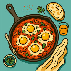 Shakshuka Style Eggs in Pan with Bread and Orange Juice