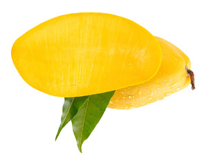 Single ripe yellow mango and half with green leaves and water droplets in stack isolated on white background with clipping path