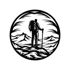 Silhouette Hiker with Backpack, Trekking Pole, & Snowy Mountain Peaks within a Circle