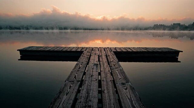 A serene lake scene at sunrise with a wooden dock in a T-shape. Captured from a low angle, the video style evokes tranquility and reflection. Live desktop wallpaper.