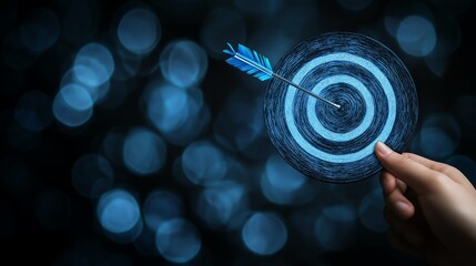 A hand holds a futuristic target with a blue arrow striking the center, symbolizing goal achievement, focus, and precision in personal or professional endeavors.