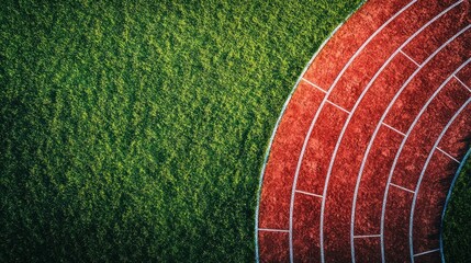 Curved running track meets grassy field, aerial view