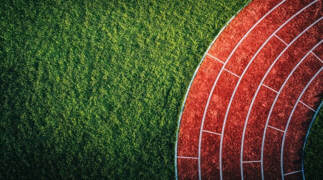Curved running track meets grassy field, aerial view