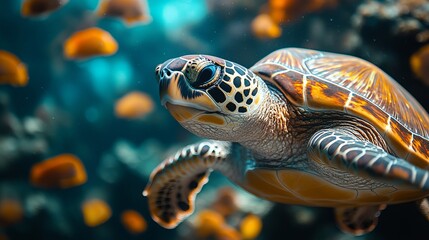 Fototapeta premium Sea turtle swimming underwater in ocean aquarium wildlife marine life turtle conservation animal portrait