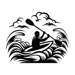 Silhouette of Kayaker with Paddle in Waves and Clouds, Bold Black and White Design