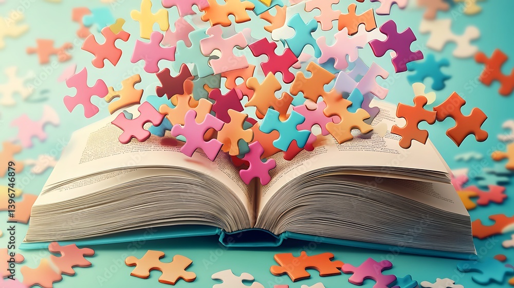 Poster colorful puzzle pieces bursting from an open book, symbolizing creativity and imagination in a playf