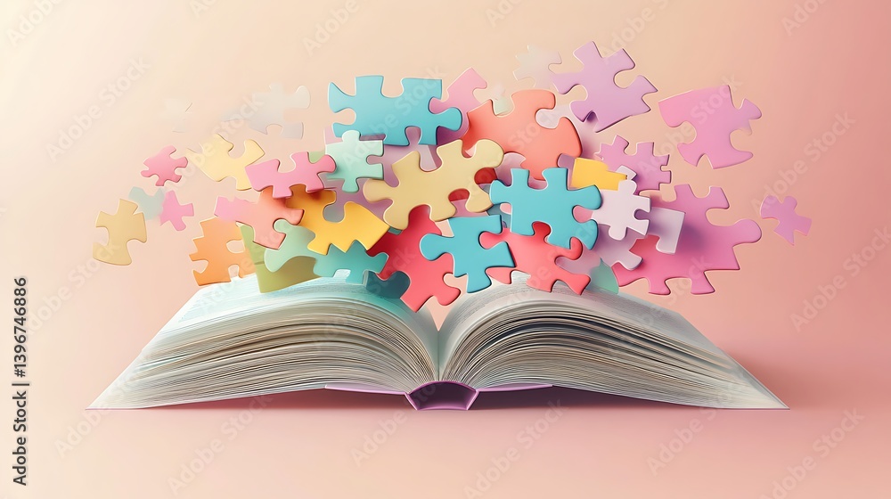 Poster open book with colorful puzzle pieces floating above it, symbolizing creativity and problem-solving