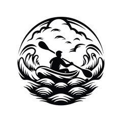 Silhouette of Person Kayaking in Water Waves, Paddle Sport, Monochrome