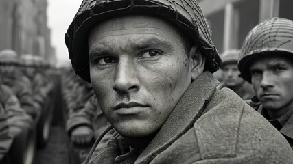 Close up of determined soldiers, monochrome gritty vintage style, focusing on resilience and camaraderie, wearing helmets and vintage army attire - Powered by Adobe