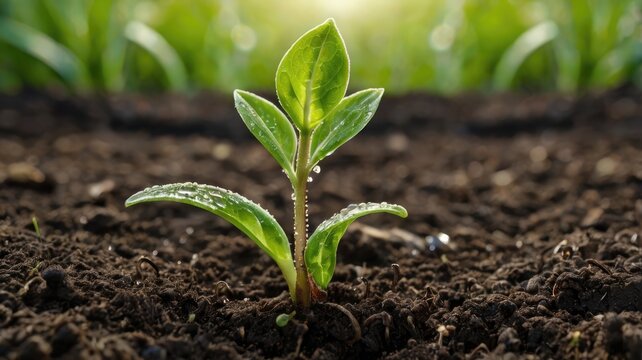 Fresh plant emerging from soil symbol of new life and sustainability