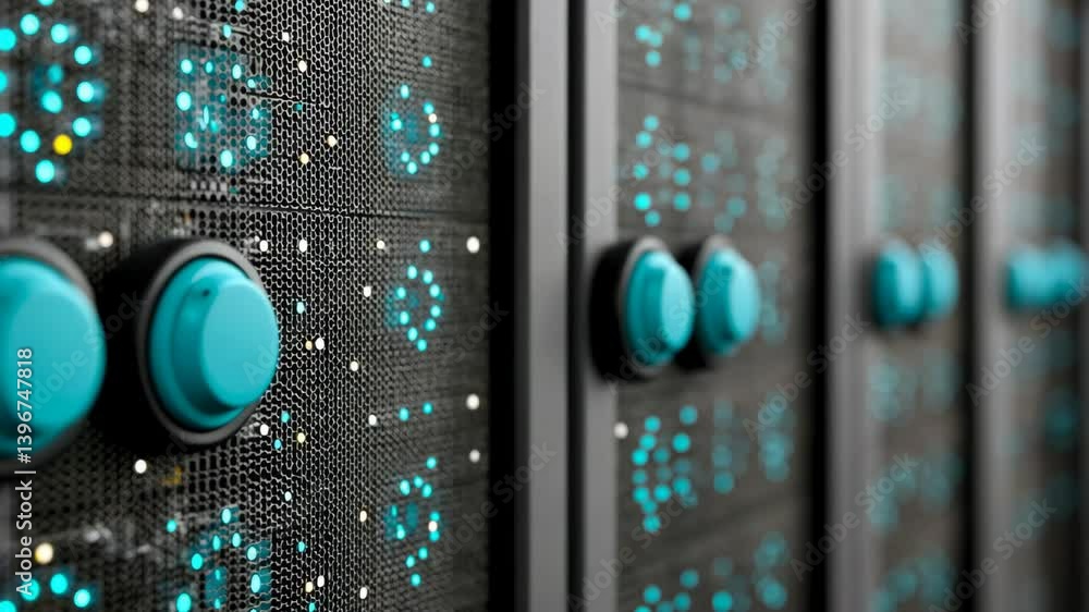 Poster close-up of a data center server rack with glowing lights, showing network infrastructure and techno