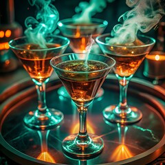 Transparent crystal glasses with alcohol, including wine and champagne with candles, isolated for a white party drink