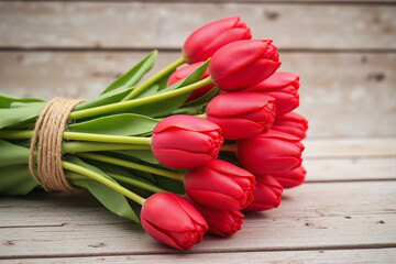 bunch of red tulips tied up with twine on a wooden surface