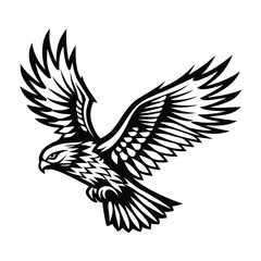 Striking Black & White Silhouette of a Hawk in Flight with Detailed Feather Design