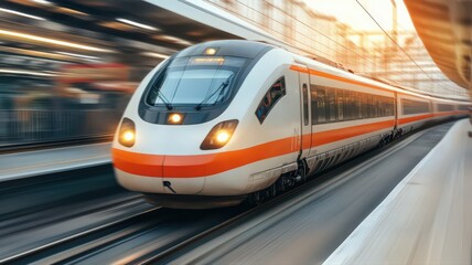 Naklejka premium High Speed Train in Motion Blurring on Tracks with Bright Headlights and Orange and White Color Scheme and Sun Flare