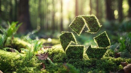 Recycling symbol made of moss in fresh green forest