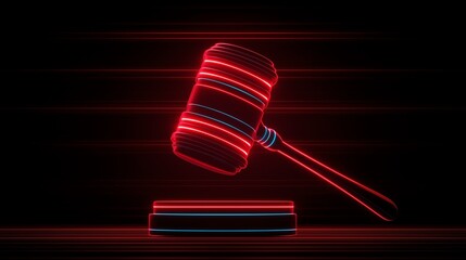 A neon-styled gavel representing justice and law, illuminated against a dark background
