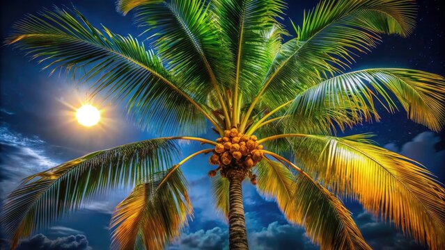 Night Photography Licuri Fruit, Brazilian Licuri Palm, Night Scene, Dark, Low Light, Moonlit, Tropical,  Licuri Palm Tree, Nighttime,  Beautiful Night, Stunning Night Photography
