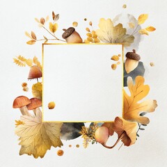 autumn forest watercolor border with acorns, mushrooms, and golden leaves, warm natural aesthetic with central blank area