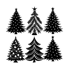 Christmas tree icons, silhouettes in black color. Vintage vector icons isolated on white background. Silhouettes of christmas trees with a stars at the top. Big set for decoration.