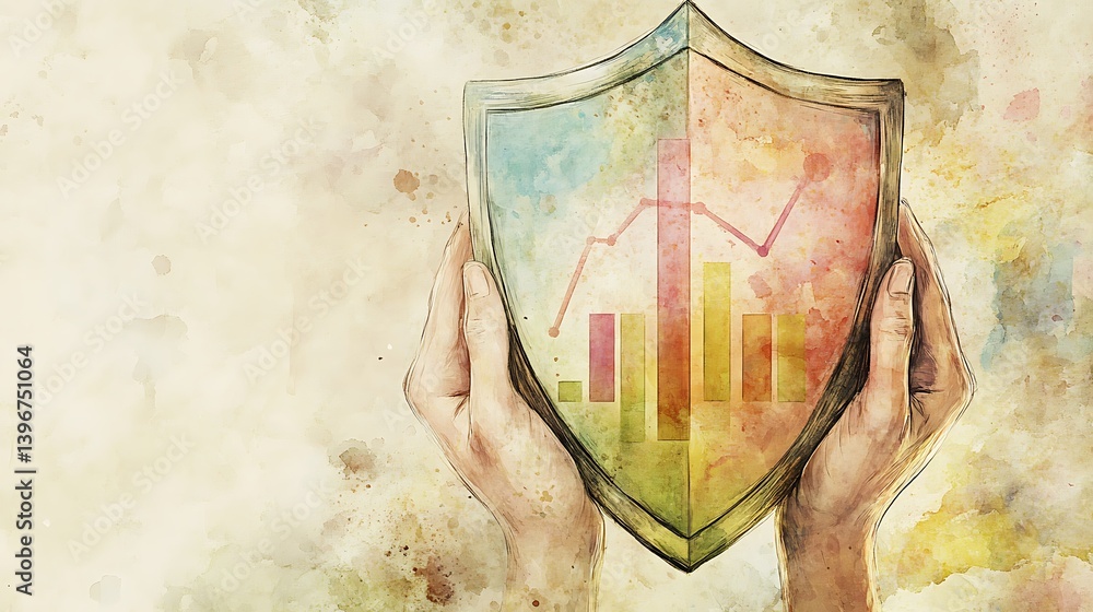 Poster hands holding a colorful shield with rising graphs, symbolizing data protection and security