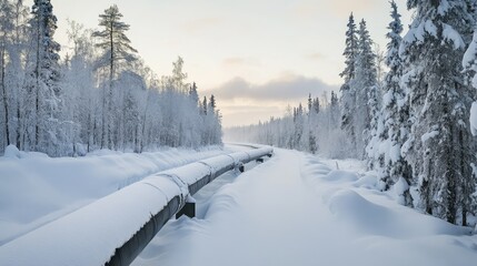Obraz premium Frozen ground surrounding oil pipeline installation in northern Canada