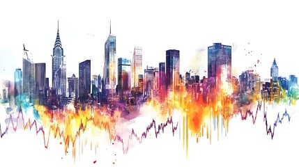 Obraz premium Vibrant city skyline with colorful abstract waves representing growth and innovation, showcasing urban life