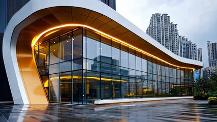 Modern glass building with unique architecture, urban setting, and cloudy sky backdrop