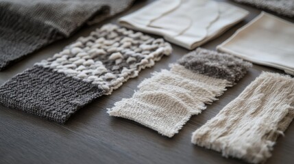 Knitwear with shape-shifting material samples displayed on a worktable