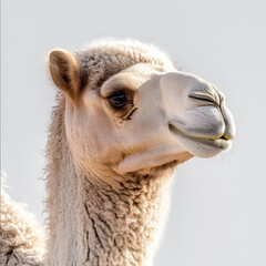 Obraz premium Brown dromedary camel closeup in the desert, its furry head a portrait against the sandy sky