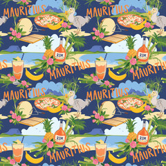 Pattern with Mauritius island landmarks in flat style. Vector sugar cane, Peter mountain, endemic Dodo, Trochetia boutoniana flowers, pineapple, falooda, millionaire salad, Sega musical instruments. © Tata Pilip