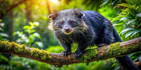 Fototapeta premium Panoramic Binturong Photography: Majestic Asian Palm Civet in Lush Rainforest Habitat