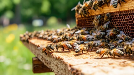 Honeybees Swarming Wooden Hive Outdoors on Sunny Day