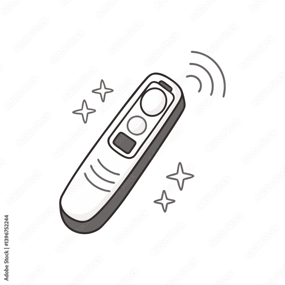 Poster minimalist remote control cartoon vector with signal waves and sparkles, designed in clean black and