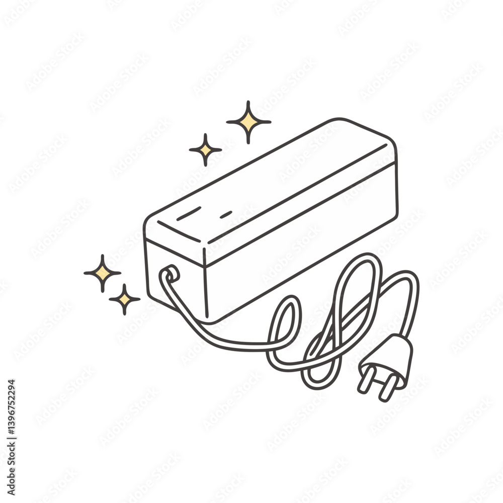 Poster minimalist power adapter cartoon vector with sparkles, featuring a clean and simple line art style.