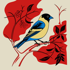 Fototapeta premium ​The Lesser Goldfinch is a small, vibrant songbird native to the Americas, featuring bright yellow underparts, a black cap, and white wing patches