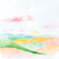 Obraz premium Watercolor Painting of a Landscape with Hills, Clouds, and Sunrise - Gentle Colors and Serene Scene