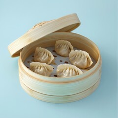 Steamed dumplings in a traditional bamboo steamer.