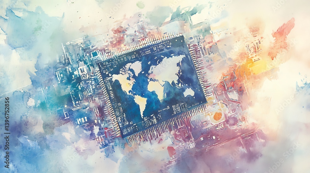 Aufkleber abstract representation of a microchip featuring a world map, surrounded by vibrant colors and digit