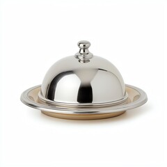 A polished stainless steel food cover sits elegantly on a round plate