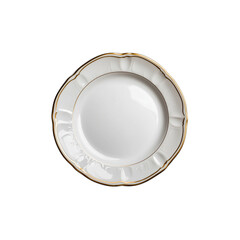 A classic white plate with a decorative gold rim and intricate edging.