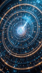 Evolving artificial general intelligence radiant ai core with pulsating light circles in a futuristic environment