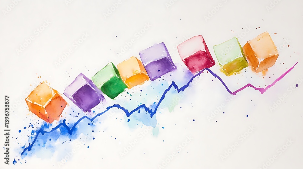 Poster colorful watercolor cubes representing growth on a graph with splashes in the background