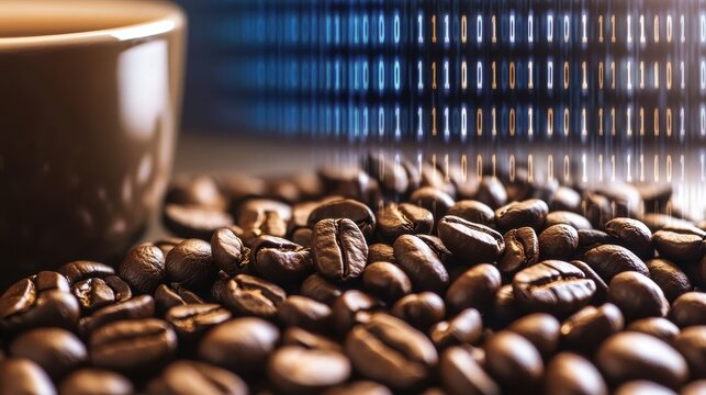 Close-up of roasted coffee beans scattered around a brown cup with a blurred digital background