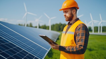 A professional worker in a high-visibility vest and hard hat inspects solar panels while wind turbines spin in the background, representing renewable energy and sustainable practic