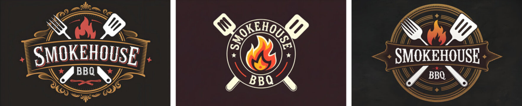 Trio of Smokehouse BBQ Logos with Spatulas and Flames