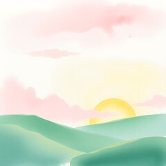 Watercolor Landscape with Green Hills, Pink Clouds, and a Rising Sun Illustration
