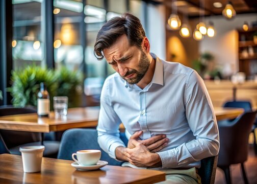 Abdominal pain causing a man to sit in a café, clutching his stomach. Featuring discomfort and concern