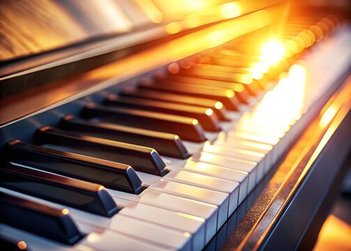 Close-up view of piano keys highlighted with warm light