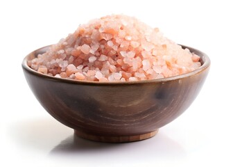 A bowl filled with pink salt on white background